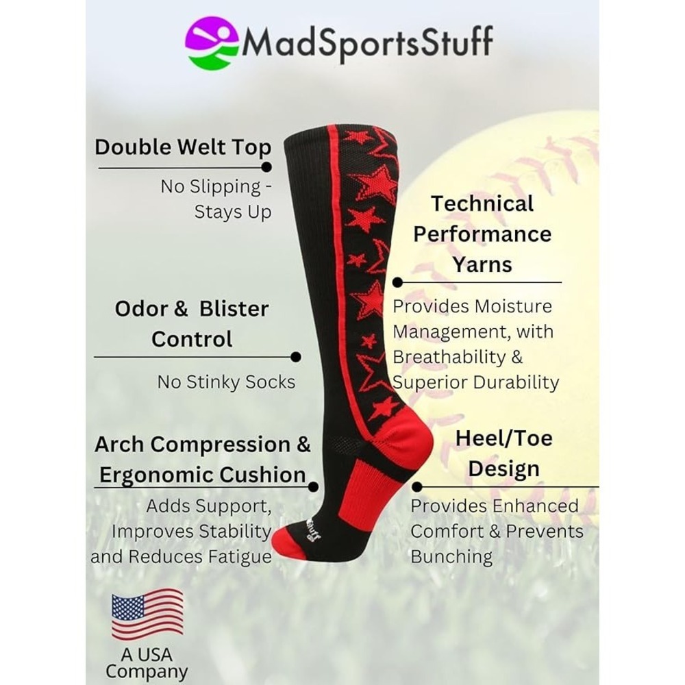 3 Pairs MadSportsStuff Over the Calf Softball Socks - Black w/ Red Stars - Small - Picture 2 of 2